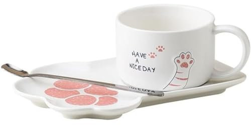 VollfitYYu Nielidche - Taza de café con plato y cuchara de porcelana, diseño de gato con garras de 200 ml, regalo para amantes de los gatos (blanco)