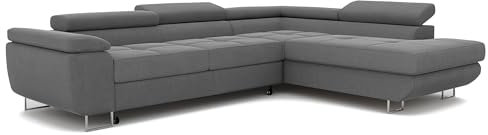 GREKPOL Ecksofa mit Schlaffunktion und Bettkasten 274x203 - Verstellbare Kopfstützen - Stoff Monolith - Couch mit Schlaffunktion - Schlafsofa mit Bettkasten - Couch - Rechts - Gesteppte Oberfläche