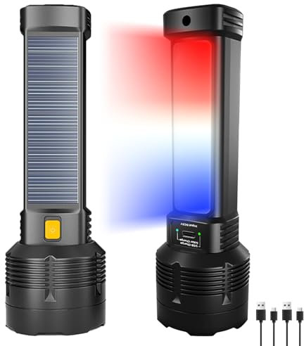 POCKETMAN 2 Stück Solar LED Taschenlampe,3 Lichtmodi,Einstellbare Helligkeit,USB Wiederaufladbar,Seitliche Warnleuchte, LED Stroboskop Wasserdicht Taschenlampe Für Angeln, Notfall, Outdoor