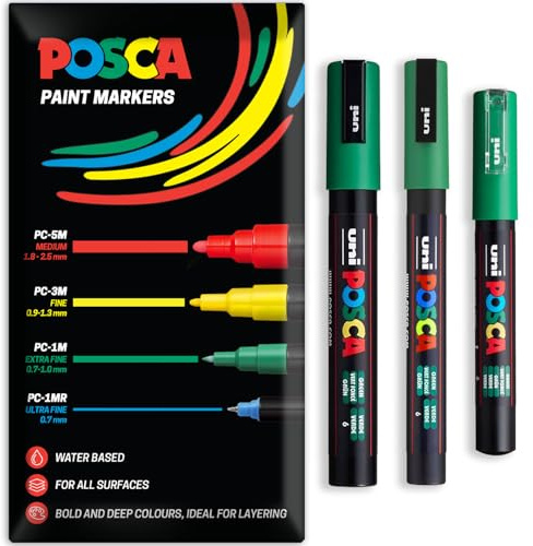 Posca Water Based Acrylic Paint Marker Pens | Multi Surface Use Permanent Paint Pen | Pack of 3 Pens in Envelope Gift Packaging | Glass Fabric Canvas Wood etc | PC-1M, PC-3M, PC-5M, Green