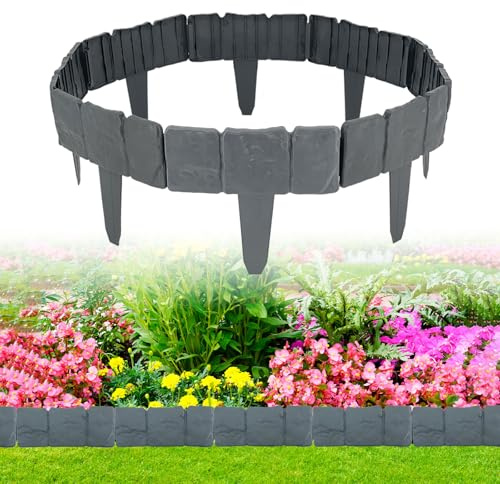 10 Stücke Rasenkanten,Grau Rasenkante Kunststoff 2,5m Steinoptik,Rasenkante zum Stecken,Skandinavische Villa Hof im Freien Rasen Deko Gartenpalisade, 1 Element (L x H): 25x 23cm (10, Grau)