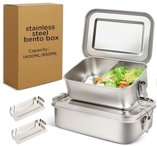 Awaiymi 2 Pack 1400/850ml 304 Edelstahl Lunch Box und Lebensmittelbehälter mit Deckel Auslaufsicheres verstellbares Fach Metall Bento Box Edelstahl Brotdose für Reisen Arbeit Picknick Erwachsene1