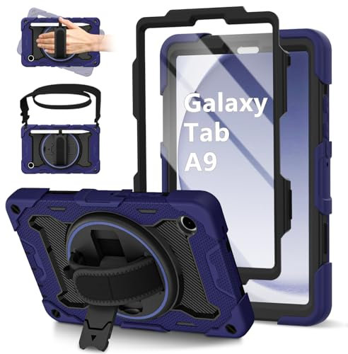 ROSROME Case for Samsung Galaxy Tab A9 8.7-Inch 2023 with HD Screen Protector, 360°Rotating Stand, Heavy Duty Shockproof Protective Tablet Case Kids Cover with Shoulder Strap/Pencil Holder, Navy Blue