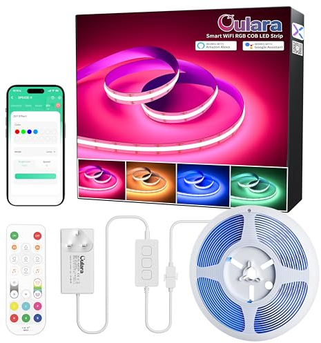 OULARA RGB COB LED Strip 10M Colour Changing Flexible LED Strip Lights Dimmable Multicolours RGB Lights with APP Control/Music Mode Work with Alexa/Google for Kitchen Party Home DIY Lighting Projects