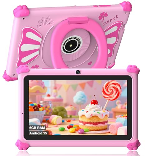 ascrecem Kids Tablets 7 Inch Android 15 Toddler Tablet for Kids with 2.4G+5G WiFi6 Penta Core 6GB RAM 32GB ROM Baby Tablet Dual Camera 128GB Expandable Parental Control Educational Games (Pink)