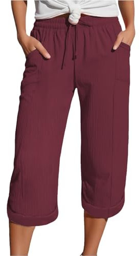 3/4-Hose für Damen, mit Taschen, Leinen-Shorts, Größe 42, knielang, Sommerhose, Haremhose mit Taschen, Jogger, Freizeithose, kurze Hose, gerades Bein, leichte Hose, wein, XXL