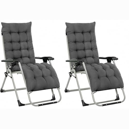 Neo 2pcs Zero Gravity Sun Lounger With Cushions Padded Foldable Reclining Chair Portable Garden Furniture Camping Thick Comfortable Non-Slip Relaxer Indoor & Outdoor (Dark Grey)