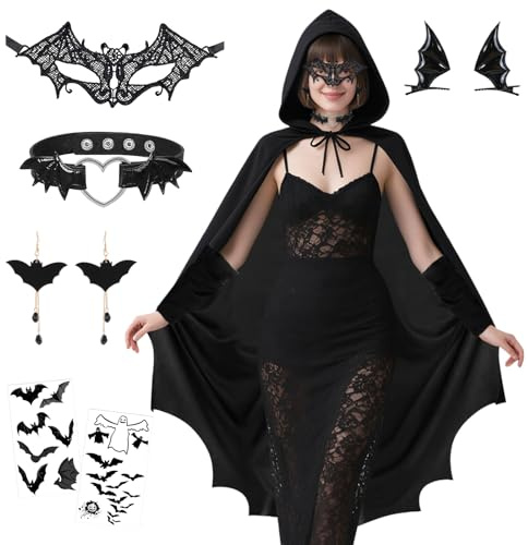 Costume de chauve-souris pour femme - Cape noire avec capuche - Costume de vampire d'Halloween avec masque en dentelle, oreilles, épingles à cheveux, collier pour femme, Halloween, carnaval, cosplay