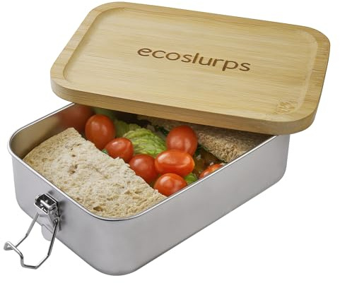EcoSlurps Large Lunchbox with leakproof Bamboo Lid | British leakproof lunchboxes | 304 Food-Grade Steel & clips | Back to school Bento sandwhich salad box (1, 1400ml)