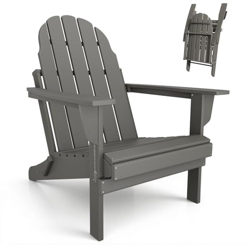 Mdeam Adirondack Stuhl Klappbar, Gartenstuhl mit Rückenlehne & Armlehnen für Garten Terrasse, Adirondack Chair Wetterfestes HDPE, Grau