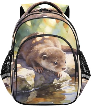Nexawaveo Kinder-Rucksack für Jungen und Mädchen, Aquarell-Otter-Schulrucksack für Grundschule, Vorschule, leichte Büchertasche, 38,1 cm