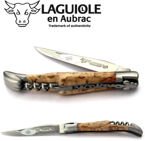 Laguiole en Aubrac Taschenmesser mit Korkenzieher L0312BHIF 12 cm, Griffschalen Birkenholz, Klinge 10 cm matt, Backen matt