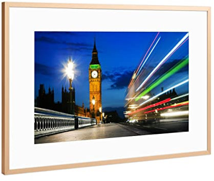 artboxONE Poster mit Rahmen 60x40 cm London, The UK. Red Bus in Motion and Big Ben at Night