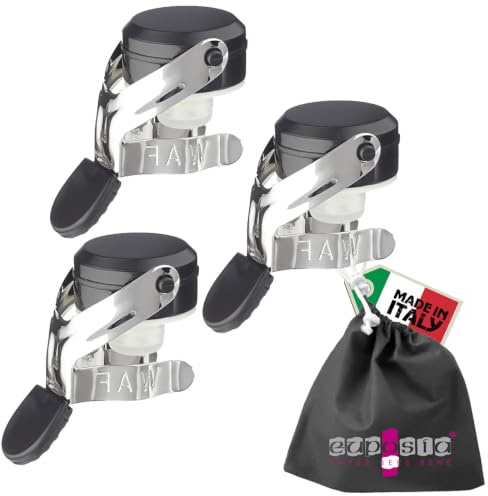 EUPOSIA SUPERTAPPO - Stopper Vino & Champ EU-1920 c/w Pochette, Nero, 3 pz | Made in Italy, Tenuta +6 Atm, Aletta INOX Cromato e Silicone Alimentare, Certificato UE 10/2011