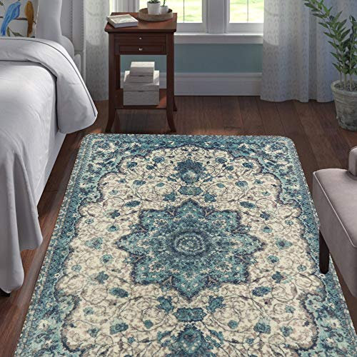 Lahome Collection Traditioneller Vintage-Teppich mit Blumenmuster, 91 x 152 cm, Kunstwolle, rutschfest, Medaillon-Teppich, Vintage-Teppich, Akzent, Used-Look, für Wohnzimmer, Dekoration, Blau