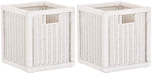 korb.outlet Set / 2 Regalkorb Weiss ca. 28x29x30 mit Holzrahmen Rattan Schubfach Box zur Aufbewahrung Schrankkorb Griff