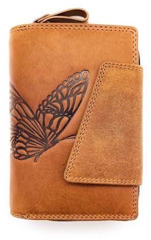 Jockey Club echt Leder Geldbörse Portemonnaie Geldbeutel Sauvage Leder mit RFID Schutz Schmetterling (Braun)