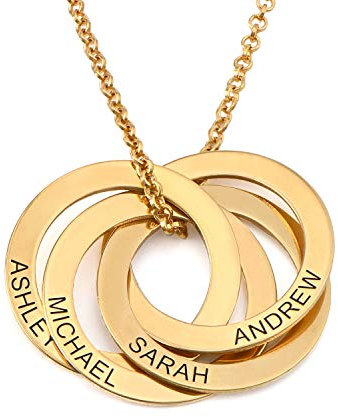 MyNameNecklace MYKA Personalisierbare Russische Ring Halskette mit Gravur auf Vier Ringen in Sterling Silber 925 / Vergoldet - Halskette für Damen (750er vergoldetes 925er Silber)