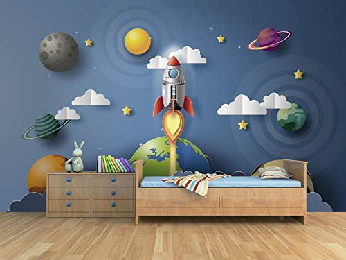 Oedim Fotomural Infantil Vinilo Para Pared Cohete y Planetas | Mural | Fotomural Vinilo Decorativo |350 x 250 cm | Decoración comedores, salones, habitaciones