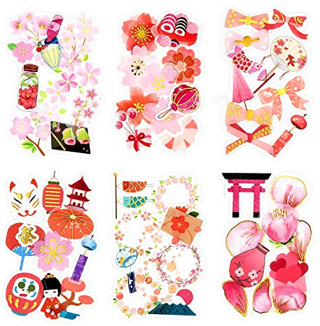 6 Packungen Sakura Aufkleber Scrapbook Aufkleber im japanischen Stil Blumenaufkleber Dekor Aufkleber Planer Aufkleber Adult's Journal Aufkleber für Scrapbooking Card Making Diary Photo (Sakura)