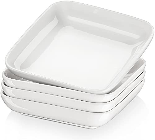 MALACASA,Série Ivy, Assiette Creuse en Porcelaine, Assiette à Soupe, 4 Pièces Assiettes Creuses Blanche,Assiettes Carrée, 20.5 cm, 900 ml