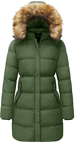 WenVen Women's Winter Warm Thicken Long Coat Warm Quilted Jacket with Faux Fur Removable Hood Army Green L