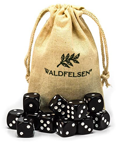 Waldfelsen 6, 12, 20, 30 oder 50 hochqualitative Würfel Standardgröße 16 mm Acrylwürfel Knobel Spielwürfel Dice 6-seitig sechsseitig Spielzubehör Set mit Stoffbeutel (Schwarz, 12 Stück)