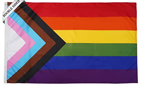 SYII Progress Pride Flagge, 90 x 150 cm, doppelseitig, 3-lagig, Regenbogen-Gay-Transgender-Community-Flaggen mit 2 Messingösen, strapazierfähiges Polyester, lebendige Farben
