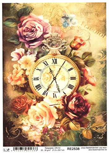 Josys Bastelmärchen Reispapier A4 Strohseide Decoupage Vintage Rosen Blumen Uhr RE2538