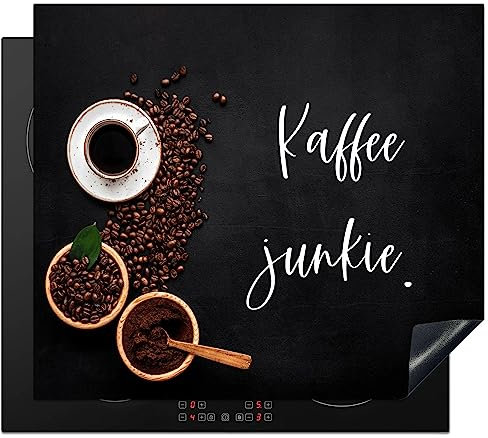 KitchenYeah© Herdabdeckplatte Einteilig Induktionsmatte Küche Abdeckung Ceranfeld Herd Abdeckplatte Deko Vinyl Matte Aufrollbar Zitate & Sprüche - Kaffee junkie - 58x51 cm