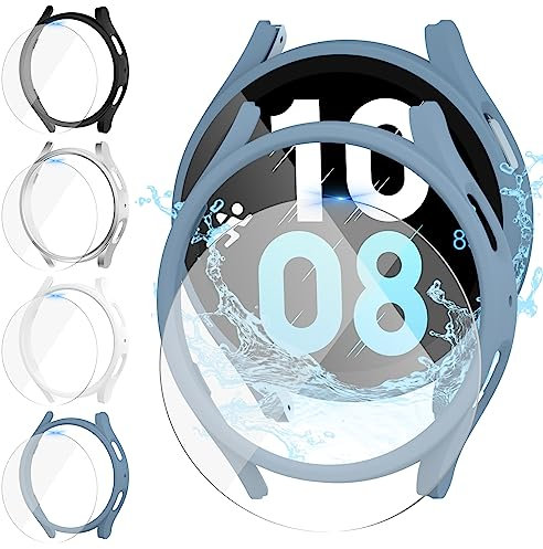 Jvchengxi [4+4Stück] Matt Hülle 40mm für Samsung Galaxy Watch 5/4 / FE mit Glas Displayschutz, Hart PC Bumper Schutzhülle + Gehärtetes Glas Schutzfolie (Blau+Weiß+Schwarz+Silber)