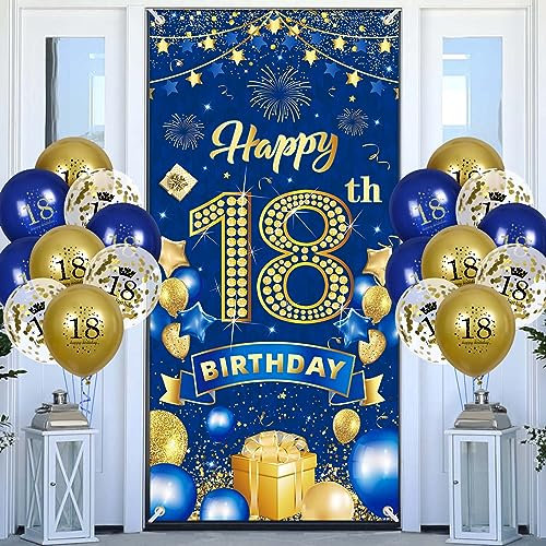 Happy 18th Birthday Decorations Door Banner and Balloons,Navy Blue Gold Door Cover Porch Banner Backdrop with 18pcs Happy Birthday Balloons for 18th Anniversary Men Women Birthday Party Sign Decor