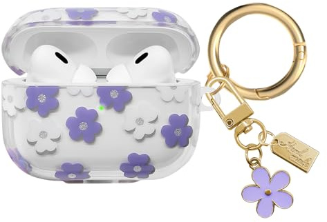 AIIEKZ Kompatibel mit AirPods Pro 2 2022, weiche TPU-Hülle mit süßem Blumenmuster für AirPods Pro 2./1. Generation Hülle mit Blumen-Schlüsselanhänger und Karabiner für Mädchen Frauen (Violett)