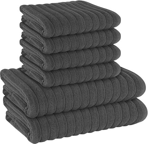Olivia Rocco 6 Piece Ribbed Towel Set 2 Bath Towels, 4 Hand Towels Quick Dry 100% Cotton Hotel Quality Towel Sets Super Soft and Highly Absorbent, Charcoal