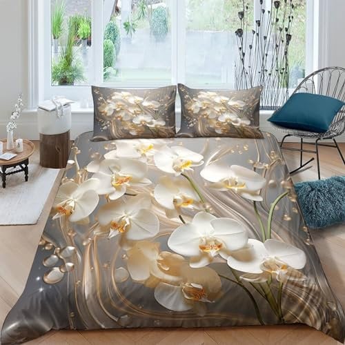 HOTGE Floreale Copripiumino 3D Completo Stampa Matrimoniale Grigio bianco 3D Set Biancheria Da Letto 3 Pz Microfibra Ipoallergenico Per Ragazzi Ragazze Adulti Double(200x200cm)