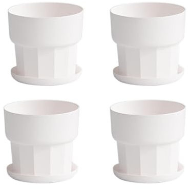 Lot de 4 pots de fleurs en plastique épais pour intérieur et extérieur avec trous de drainage et plateau décoratifs pour plantes d'intérieur, orchidée, lys de la paix 14 cm, blanc