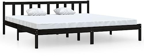 HETFTJN Hoch Bett Bed Frame Bettgestell Bett Einzelbett/Double Bed - Massivholzbett Schwarz Kiefer 200x200 cm für Schlafzimmer Schlafsaal Gästezimmer Hotel