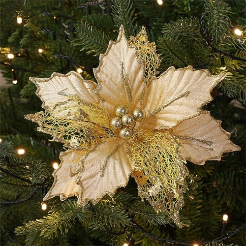 champracer 4 Stück Glitter Poinsettia Weihnachtsbaum Dekoration 26 cm Künstliche Weihnachtsblumen Weihnachtsbaumschmuck Ornament, Weihnachten Blumen Hochzeit KränzeDekor, Christbaumanhänger (Gold)