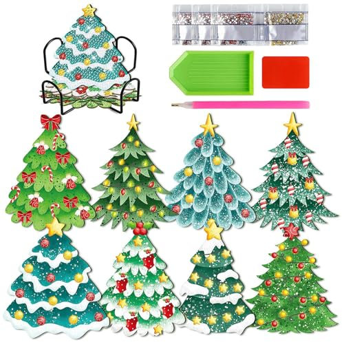 FYting 8 Stück Diamond Painting Untersetzer,Diamond Painting Erwachsene mit Untersetzer Halter,DIY Weihnachtsbaum Untersetzer, Schleifen, Deko Kugeln, Glöckchen, Weihnachtssterne