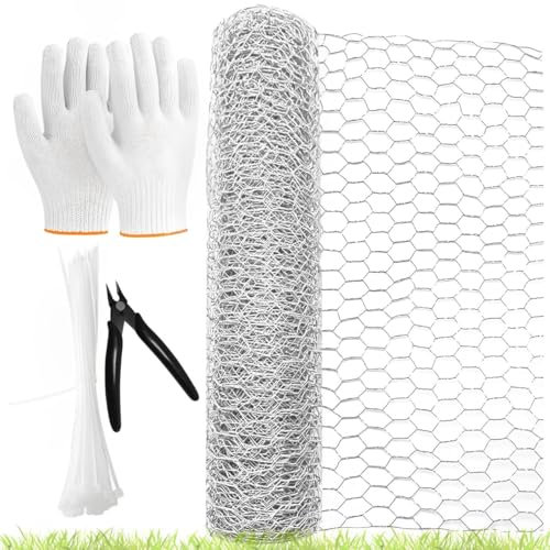 Xpieoyrm Rollo de malla de alambre de pollo,0.4mX5m Malla Conejera Hexagonal,Malla Alambre Metalica Galvanizado con Alicates de Corte, Guantes y Sujetacables,para Artesanías o Avicultura Cercado