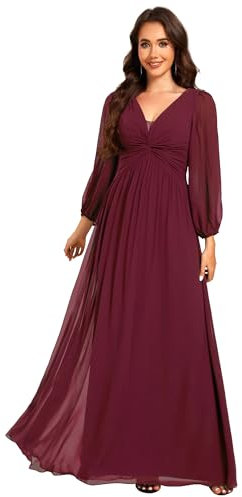 Ever-Pretty Women Dress Evening Dress with Deep V Long-Sleeve Waist Pleated Design Flowing Elegant Chiffon Dress Burgundy 14UK