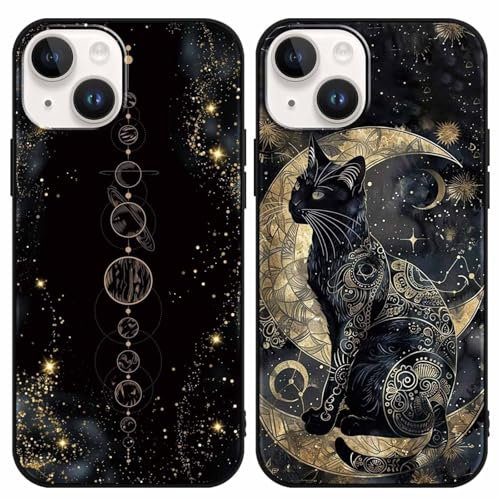 Yimctoie 2 Stück Handyhülle für iPhone 14/iPhone 13 6,1,Aesthetic Gold Mond Cat Tarotkarten Muster Hülle,Kreativität Ästhetik Schwarze Katze Case,Schutzhülle Silikon Bumper Stoßfeste Cover