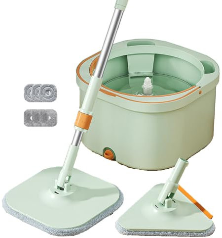 Mocio Lavapavimenti Con Secchio, 2-in-1 Con Sistema Di Separazione Automatica Dell'acqua Sporca E Pulita, 360° Mocio Pavimenti Autostrizzante Rotante, Con 6 Ricambio Mocio Microfibra(Green)
