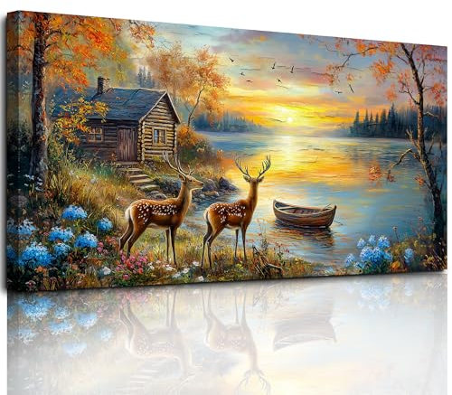 hyidecorart Elch am Fluss Wandbilder Wohnzimmer 73x146 cm XXL, Leinwand Bild Natur Landschaft, Modern Wanddeko Aesthetic Schlafzimmer Badezimmer Büro Zimmer Esszimmer Flur Küche