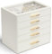 Vlando Organizador de joyas, caja de joyería con tapa de cristal con 5 cajones para anillos, collares, pendientes, pulseras, regalo de cumpleaños para mujer, color blanco