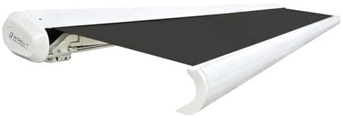 INTELROLL INT500 FULL Cassette Retractable Awning Canopy 5m x 3.5m / 16’5″ x 11’6″ for Garden Patio or Shop Front ELECTRIC Remote WHITE Frame Anthracite GREY - Polyester PU Coated Fabric