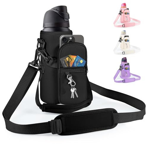 Icesip Water Bottle Holder Bag with Detachable Phone Pocket for Owala FreeSip 24oz with Strap Pocket for Owala Accessories 24oz Water Bottle Sleeve for Walking Camping Gym Black