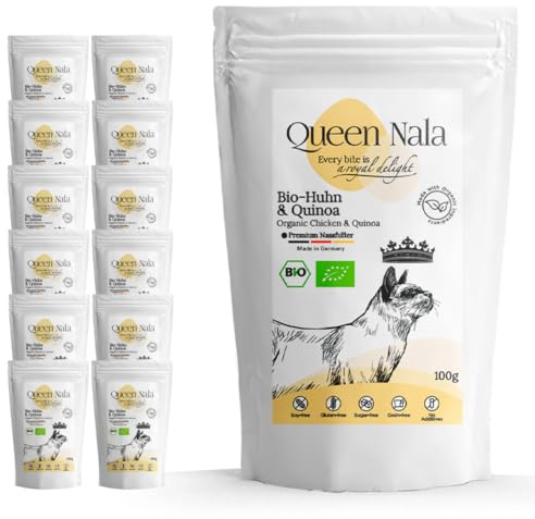QUEEN NALA Bio Katzenfutter Huhn - 92,5% Fleischanteil & Monoprotein - 12er Pack (12x100g) - Getreidefrei, ohne Zucker & Zusatzstoffe