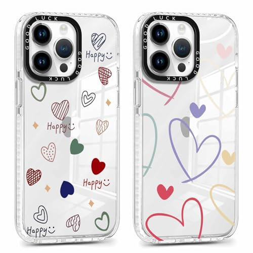 Coiwxmoi 2 x Funda para iPhone 13 Pro Max 6,7, Transparente Carcasa Aesthetic Corazón Dibujos Mujer Niñas Diseño Case, Silicona Suave TPU Bumper Antichoque Protección Cover para iPhone 13 Pro Max, 01