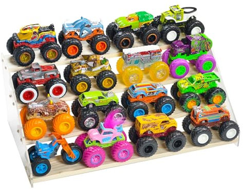 AAiphuwew Display Case for Monster Trucks Storage Toy Cars Organizer Shelf, 4 Tiers Wooden Monster Truck Display Risers Shelf for Toy Cars